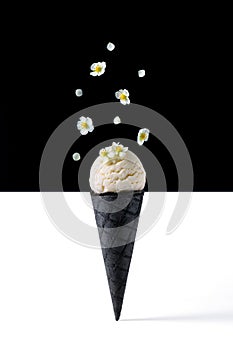 Black ice cream cone and ice cream ball on black and white background