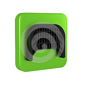 Black Ice hockey goal with net for goalkeeper icon isolated on transparent background. Green square button.