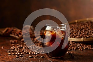 Black iced coffee with coffee beans on a brown vintage table