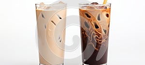 Black iced coffee and iced latte coffee with milk set in tall glass isolated on white background