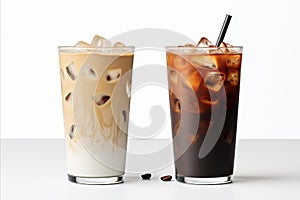 Black iced coffee and iced latte coffee set in tall glass, isolated on white background