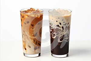 Black iced coffee and iced latte with milk set in tall glass isolated on white background