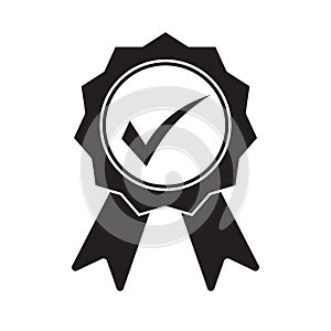 Black icon approved or certified medal. Isolated on white background. Flat design vector illustration.