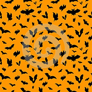 Black icon bats pattern on orange background. Vector illustration