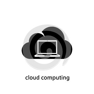 Black icon of a laptop inside a cloud shape with text 