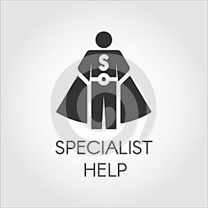 Black icon in flat design symbolizing specialist consultant, personal assistant concept. Vector human label