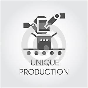 Black icon in flat style of robot arm and conveyor. Concept of unique production. Vector illustration