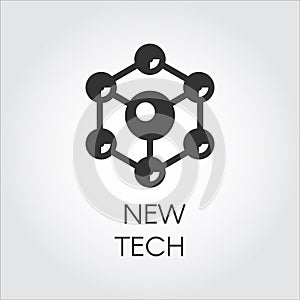 Black icon in flat style of spherical particles. Connection molecular structure label. Logo of new tech concept photo