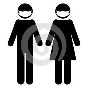 Black icon man woman with coronavirus covid masks for ppe sign