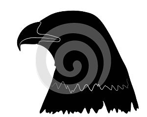 Black icon of a Portrait of a head of a bald eagle in profile in isolate on a white background. .