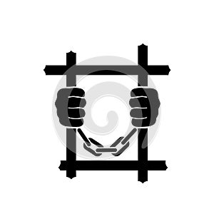 Black icon prisoner. Hands holding prison bars. Vector illustration flat design