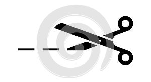 black icon of scissors with cutting line on white background