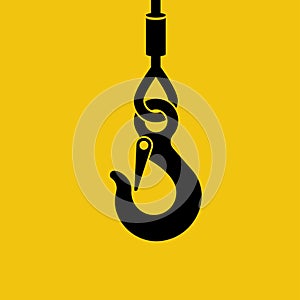 Black icon on a yellow background lifting hook with rope.