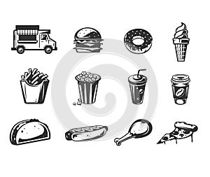 black icons - car fast delivery of food or food truck, set of icons of various fast food products