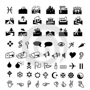 Black icons combine different types common on white background