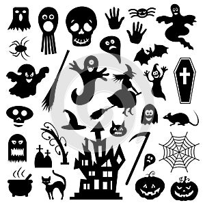 Black icons for Halloween on a white background. Vector illustration.
