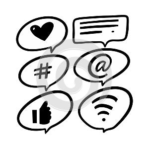 Black icons hashtag, like, mail, text symbol set. Social media and web communicate sign. Flat vector illustration.