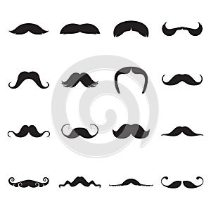 Black icons of moustaches isolated on a white background