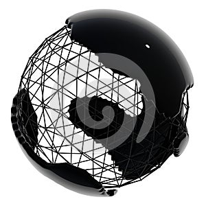 black icosphere, triangular mesh ball covered with black flowing matter, black glossy liquid covers the spherical frame, abstract