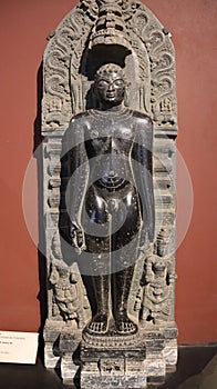 Black idol of standing lord Mahavira- worshipped by the people of Jain religion.