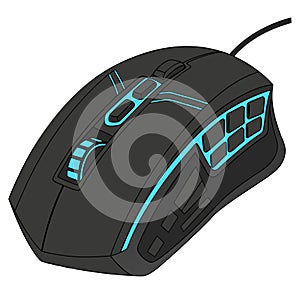 Black Illuminated Gaming Computer Mouse. Front view, 45 degree angle isolated on white