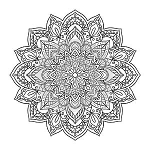 Black indian mandala on white background. Decorative flower drawing for meditation coloring book. Ethnic floral design