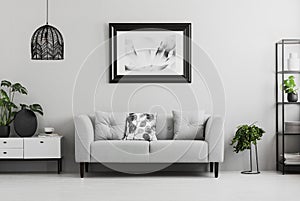 Black industrial bookcase and a plant stand next to an upholstered sofa in a gray living room interior with place for a coffee tab