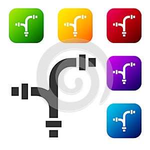Black Industry metallic pipe icon isolated on white background. Plumbing pipeline parts of different shapes. Set icons