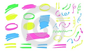 Colorful highlighter doodles isolated on white background. Frames for text, lines and arrows drawn with markers.
