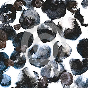 Black ink asymmetrical circles and spots of paint flow. Monochrome background with artistic texture.