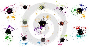 Black ink blots with colored drops, set. Vector illustration