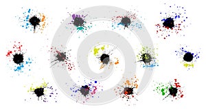Black ink blots with colored drops, set. Vector illustration
