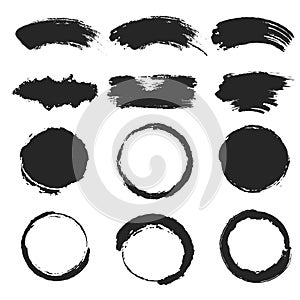 Black ink brush stroke set, black smear collection with circle stains