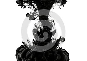Black ink cloud exploding in water against white background
