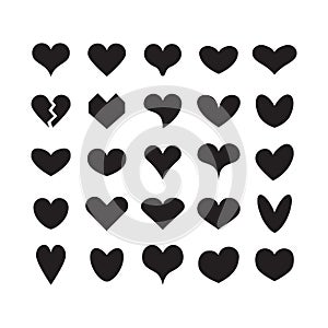 Black ink cute silhouette and isolated different beautiful heart shapes icons set on white