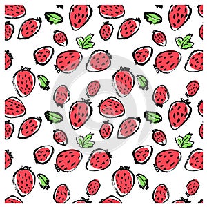 Black ink doodle hand drawn isolated strawberry seamless pattern on white background.