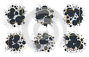 Black ink drops frames. Paint splash and spots borders, abstract ink splatters collection. Writing ink grunge drops frame