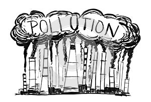 Black Ink Grunge Hand Drawing of Smoking Smokestacks, Concept of Industry or Factory Air Pollution