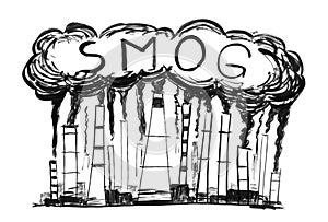 Black Ink Grunge Hand Drawing of Smoking Smokestacks, Concept of Industry or Factory Air Pollution or Smog