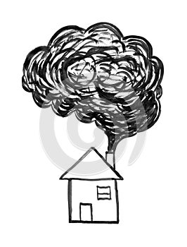Black Ink Hand Drawing of Smoke Coming from House Chimney, Air Pollution Concept