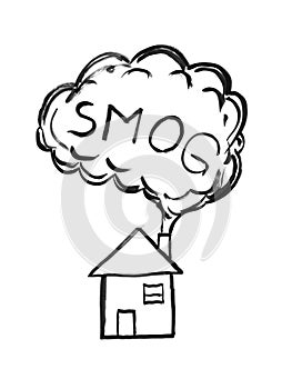 Black Ink Hand Drawing of Smoke Coming from House Chimney, Smog Air Pollution Concept