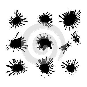 Black ink paint spots. Drops texture isolated on white background. Set for grunge splash textures. Vector illustration.