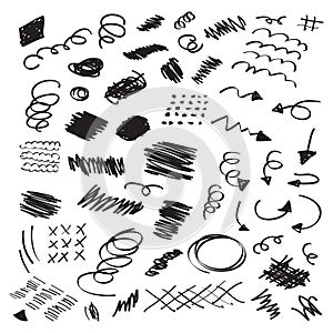 Black ink random hand drawn scribbles set on white