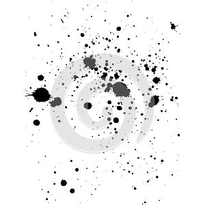 Black ink splatter background, isolated on white. All elements a