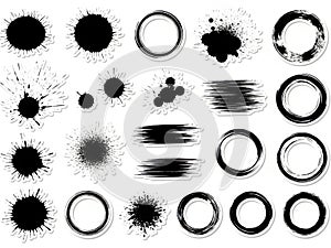 Black ink splatter and circle elements isolated on white background