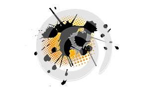 black ink splatter color brush painting with color halftone graphic element abstract background