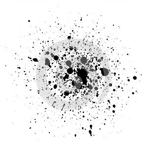Black ink splatter on a white background, featuring a central dense