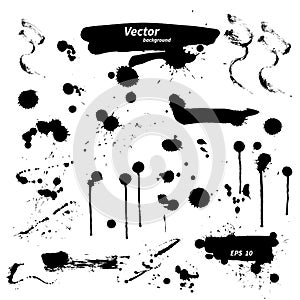 Black ink spots set. Inked splatter dirt stain splattered spray splashes with drops blots isolated vector set