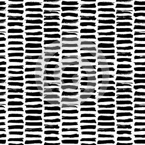 Black ink striped hand drawn vector seamless pattern. Vertical short lines printmaking texture.