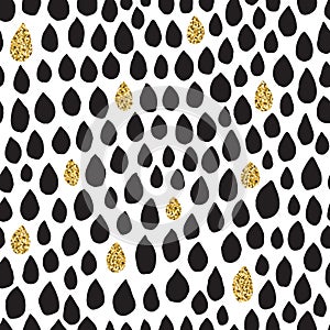 Black ink, white and gold glitter vector seamless drop pattern.
